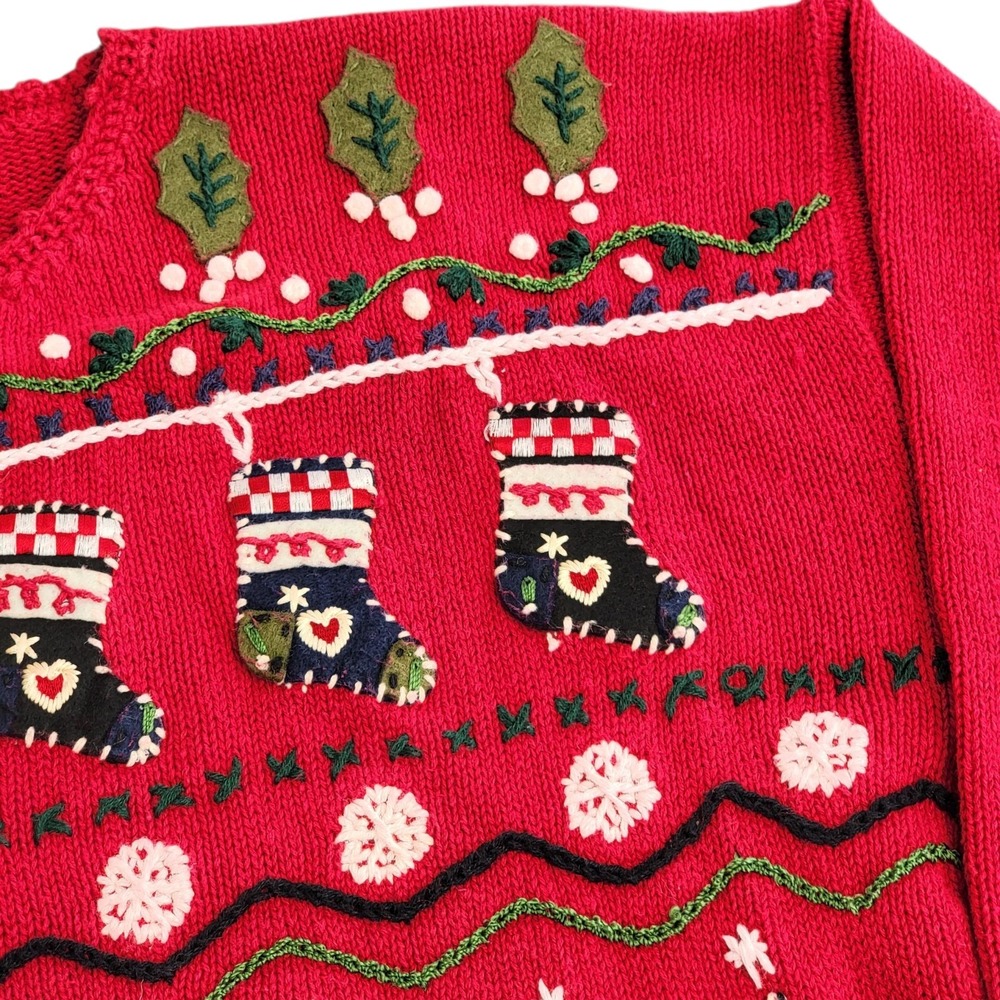 Vtg Tiara International 90s Christmas Cardigan Large Red Stocking Tree Button Up - Picture 4 of 13